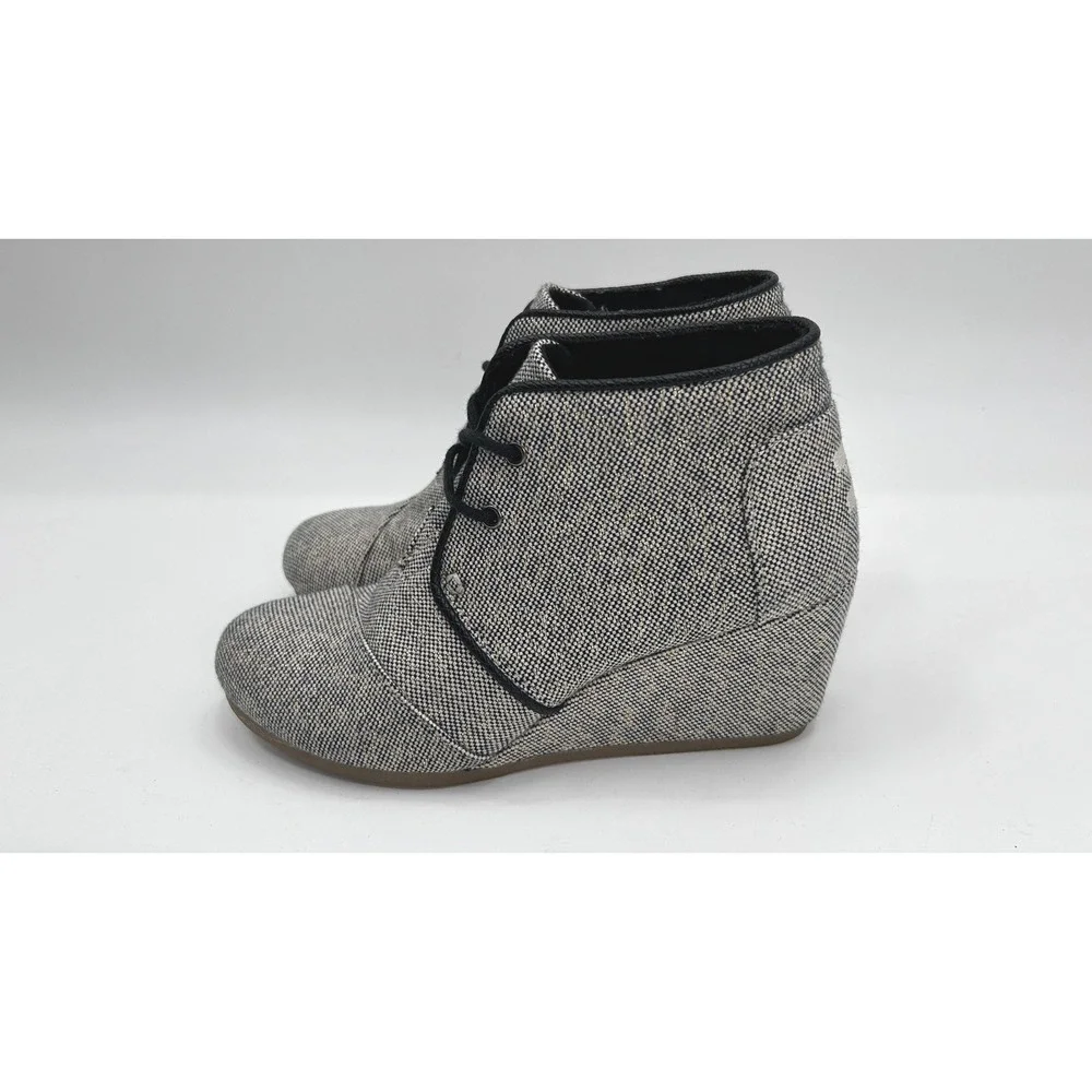 Toms Desert Wedge Linen Tweed Black White Metallic Gold Lace-up Ankle Bootie 7